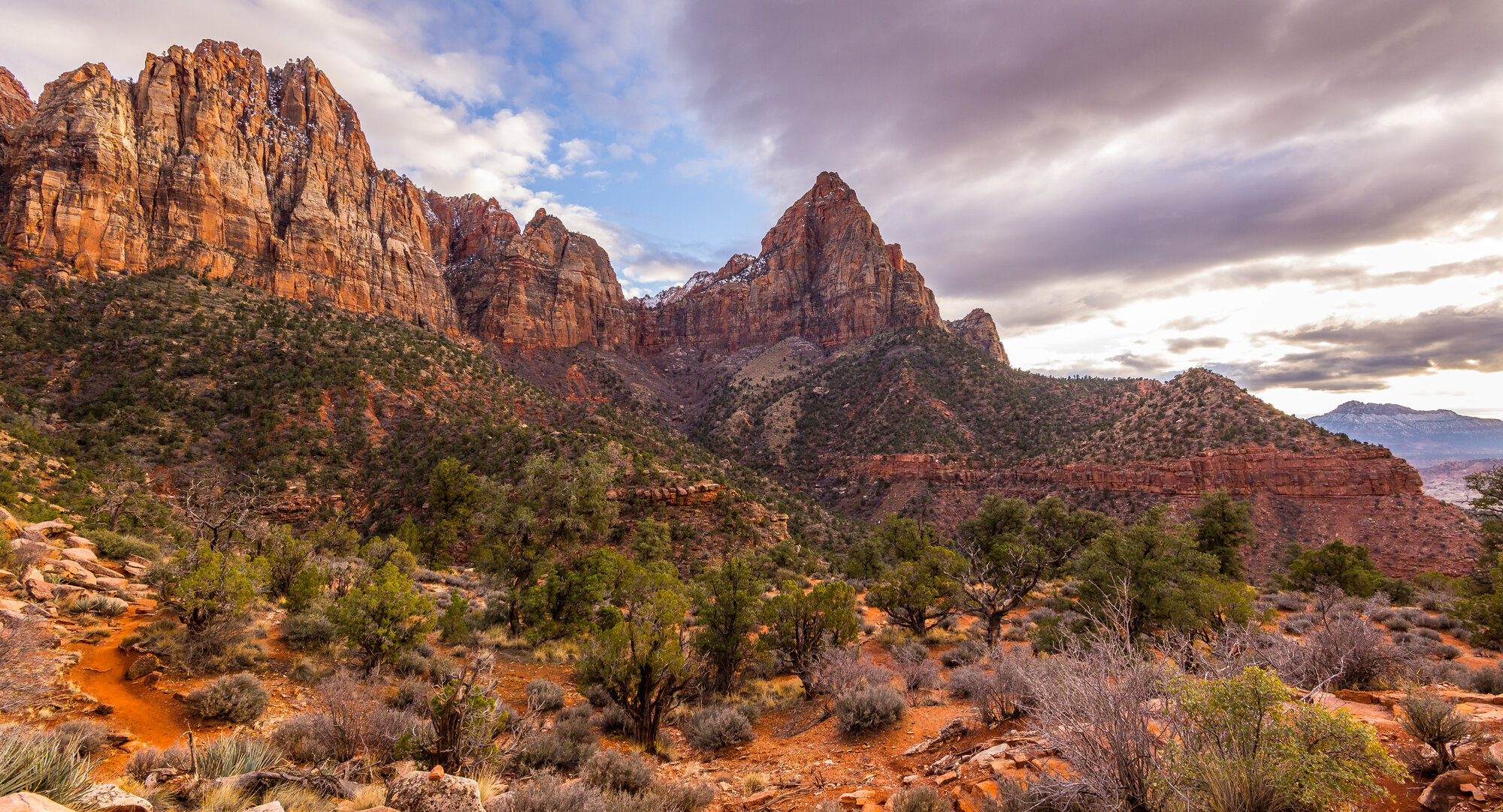 The Watchman above Springdale at sunset, at the mouth of Zion Canyon