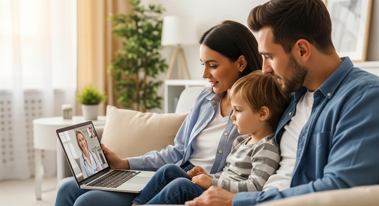A family at home together online
